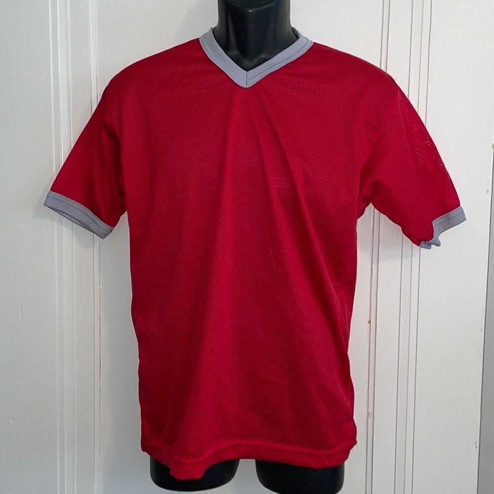 Nwot Vtg Gator Athletics red‎ mesh jersey T-shirt with gray collar & trim